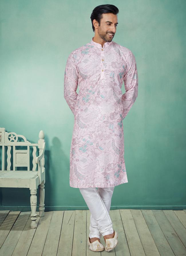 Dhupion Silk Light Pink Festival Wear Printed Readymade Kurta Pajama